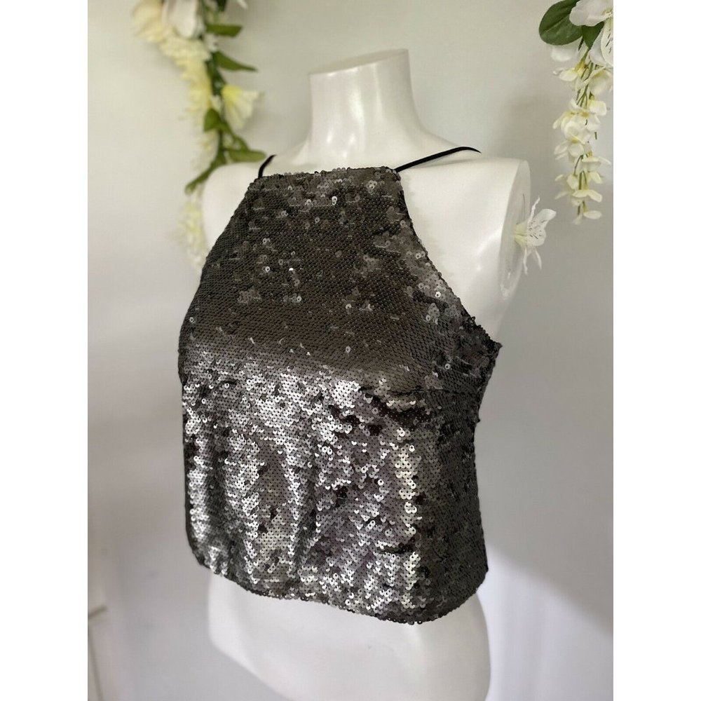 Vintage Sugar Lips Sequin Cropped Camisole Cami Tank Top‎ Gray Womens Size Small